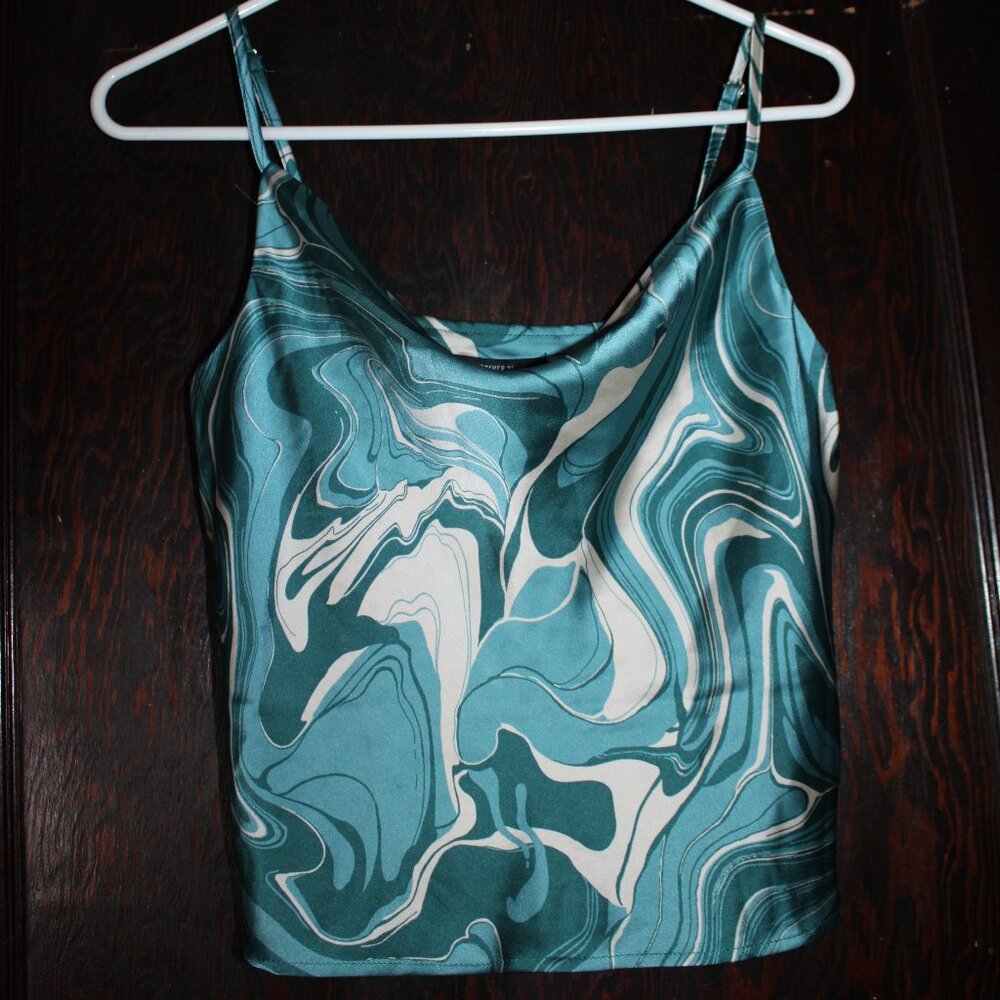 Forever 21 Satin Blue Marbled Pattern Crop Top with Cowl Neck Adjustable Straps